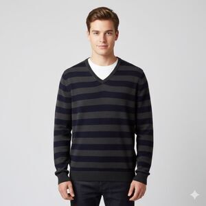 J.CREW STRIPED MORINO WOOL V-NECK KNIT CONTEMPORARY CAPSULE CLOSET SWEATER LARGE